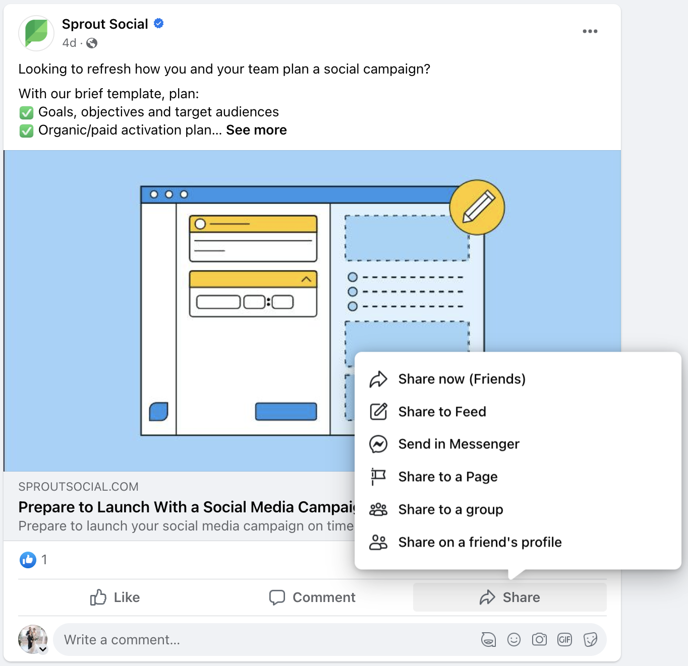 A screenshot showcasing how to share a post on Facebook