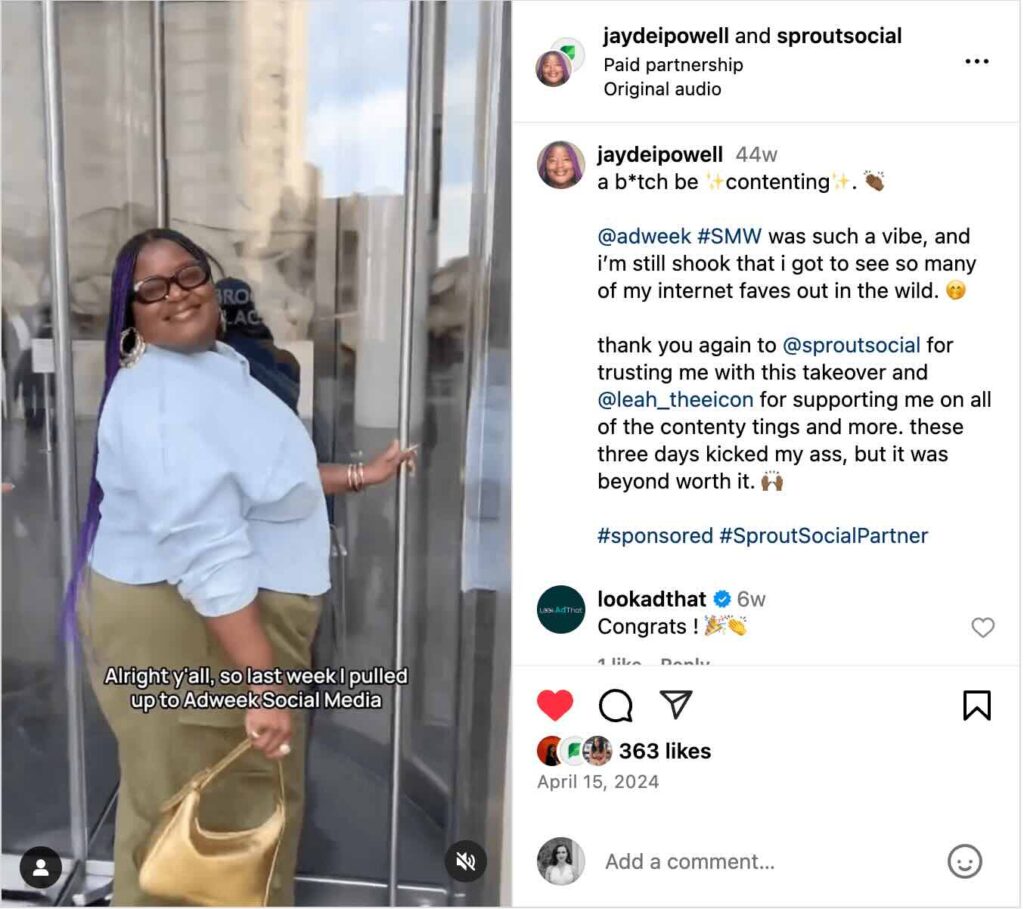 An Instagram Reel from creator Jayde Powell about being the social media correspondent at Social Media Week on behalf of Sprout