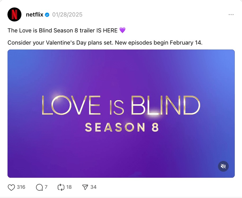 A Netflix post on Threads promoting the trailer for season 8 of their popular show, Love is Blind