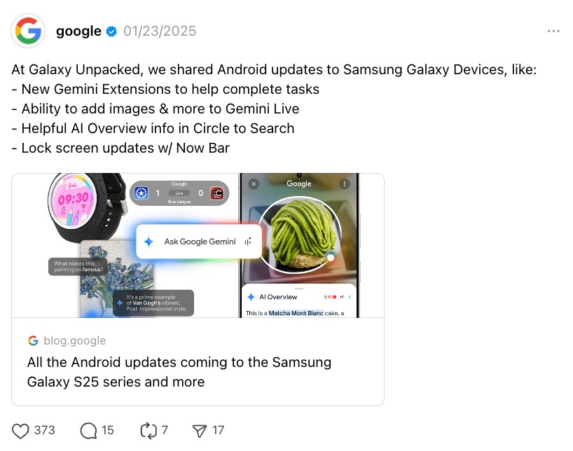A Threads post from Google that explains their latest Gemini updates for Android devices