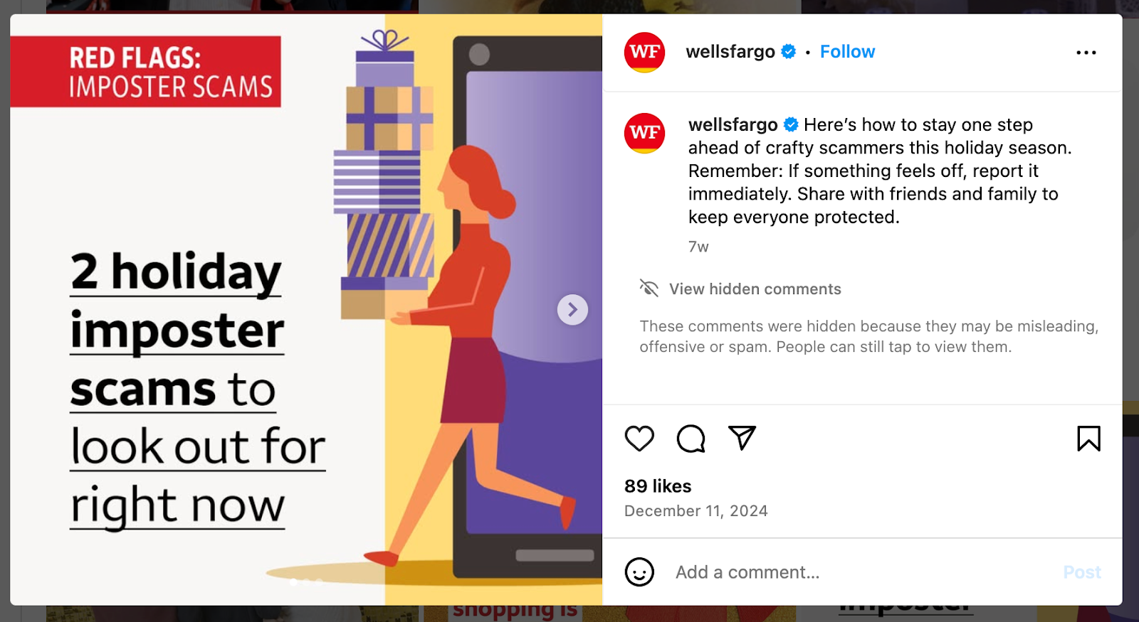 Instagram post from Wells Fargo about holiday imposter scams