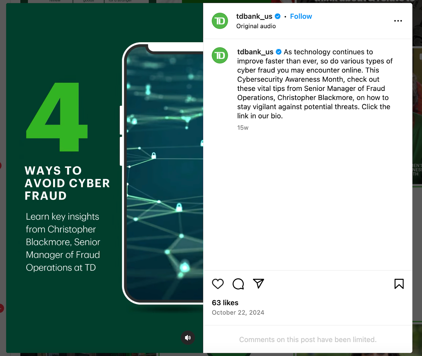 Instagram post from TD Bank about four ways to avoid cyber fraud