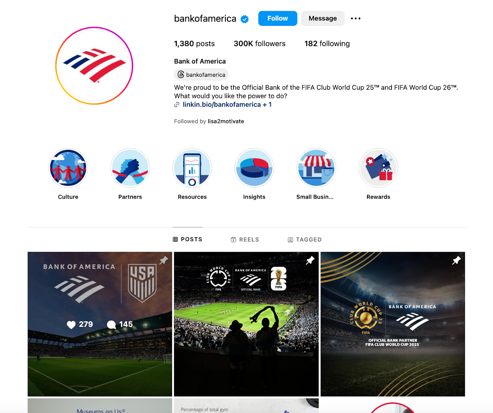 Bank of America Instagram page, featuring pinned posts and bio promoting the FIFA World Cup