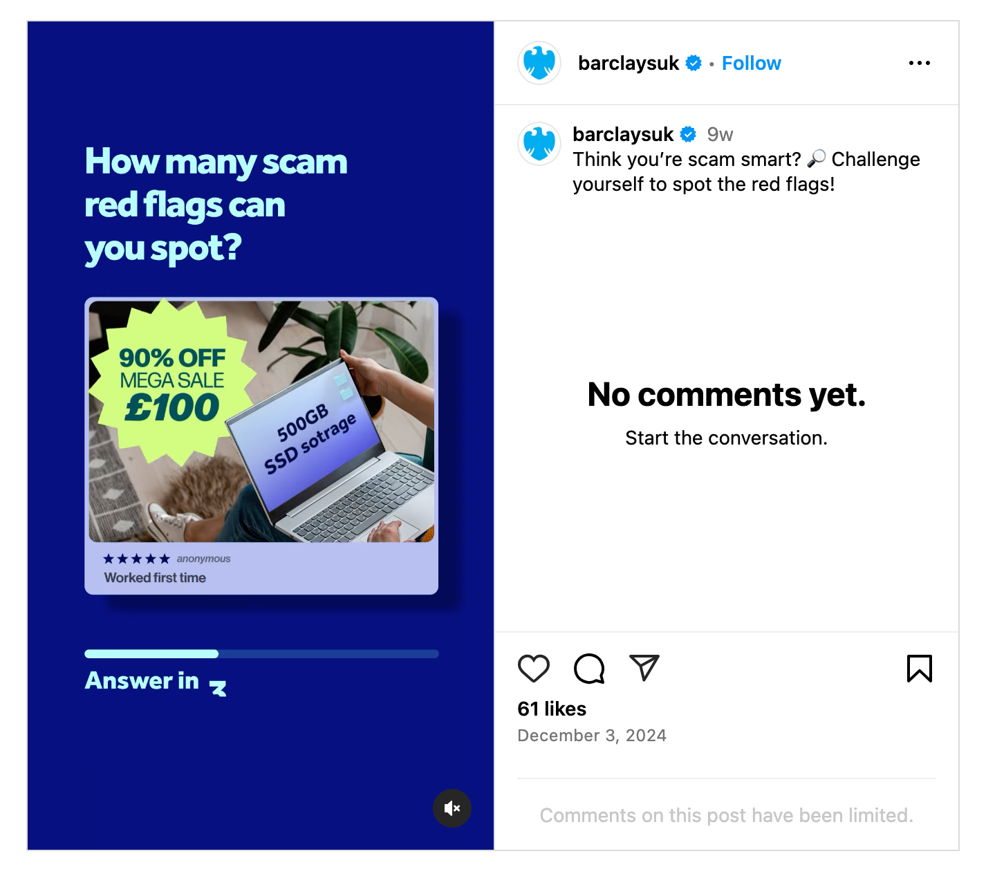 Barclays UK Instagram Reels post about scam red flags