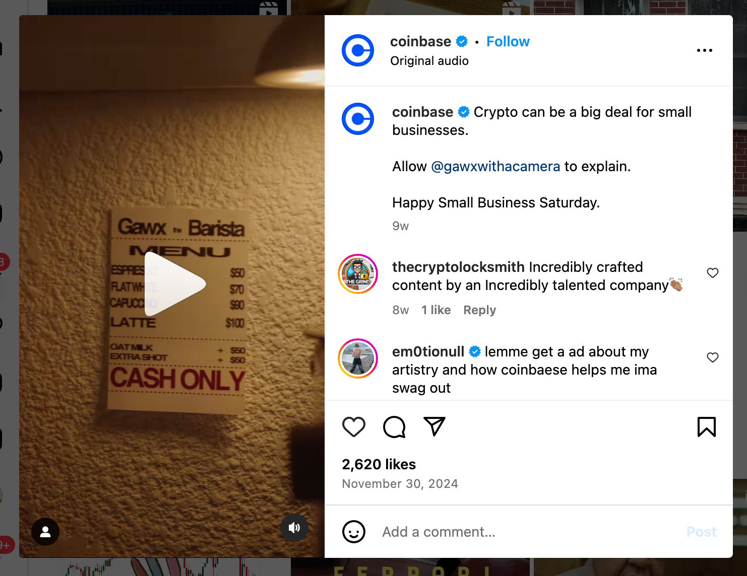 Coinbase Instagram Reel about crypto for small businesses