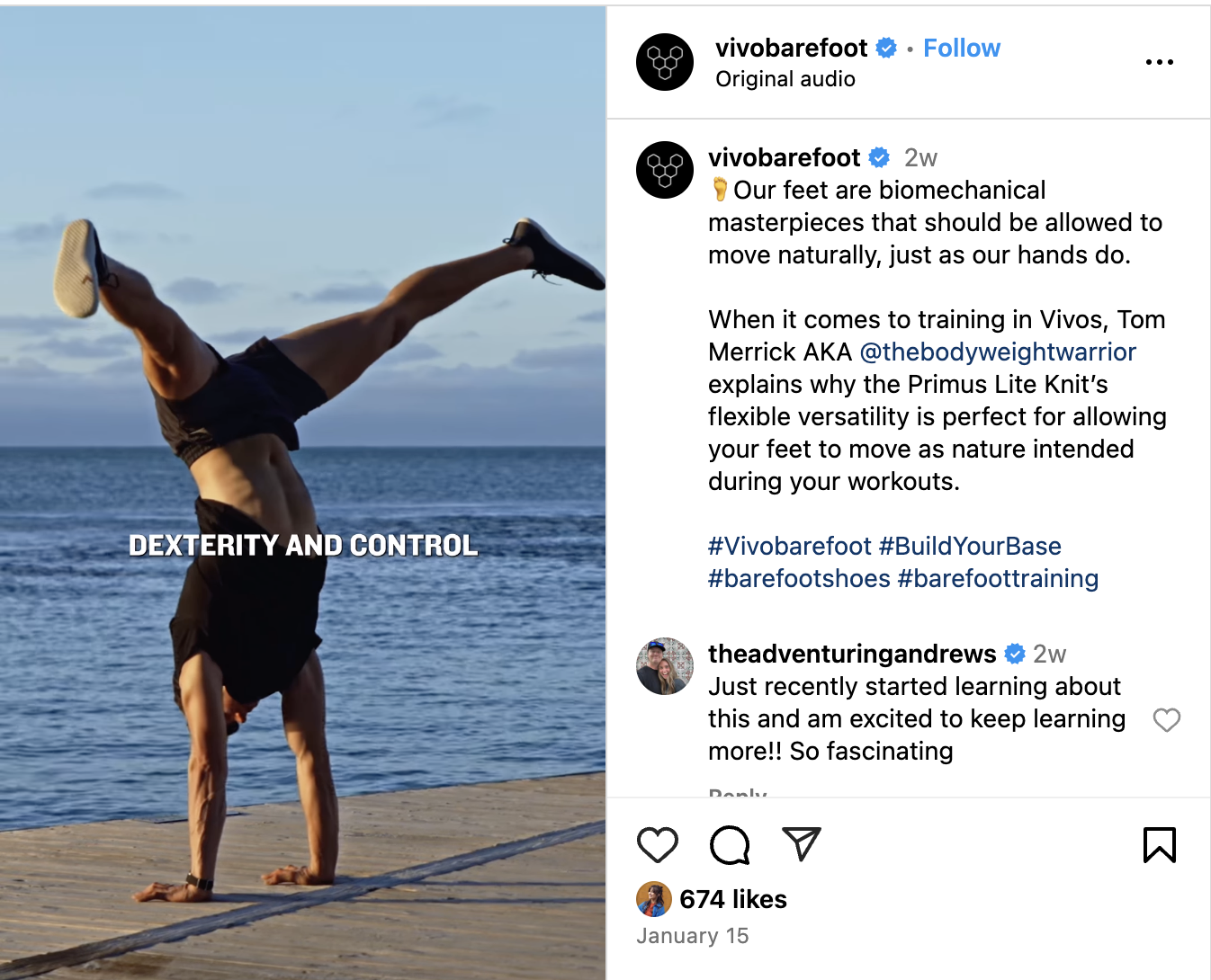 An Instagram Reel from Vivobarefoot featuring a creator who explains why your feet need to be able to move naturally