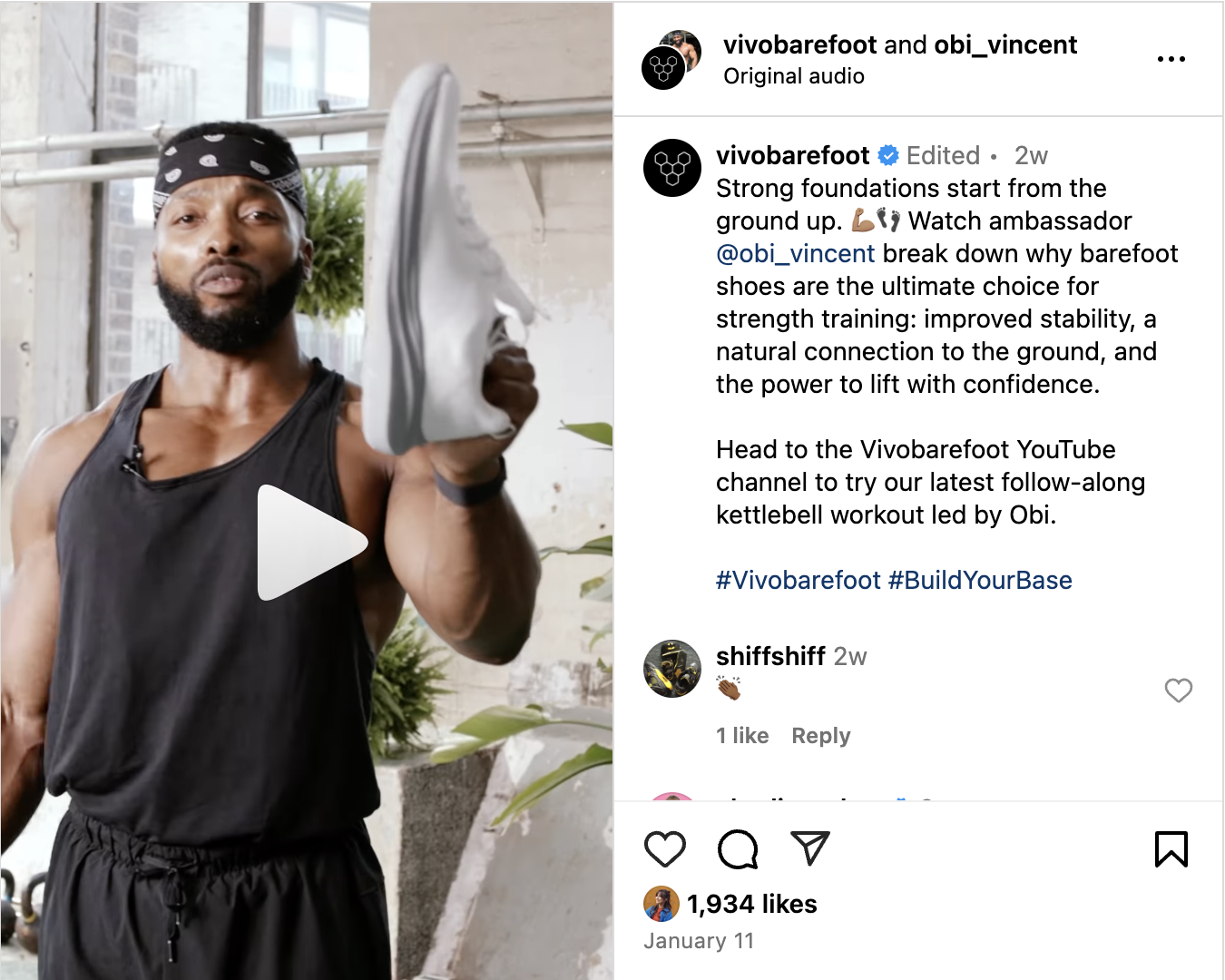 An Instagram Reel from Vivobarefoot featuring a creator well-known for his power lifting expertise
