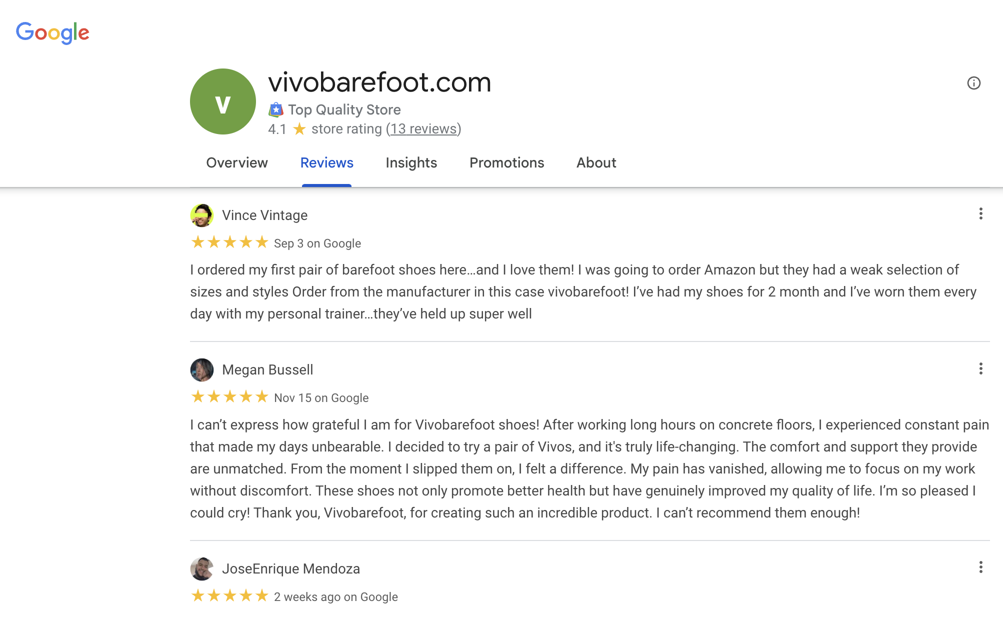 Positive reviews about Vivobarefoot on Google Reviews