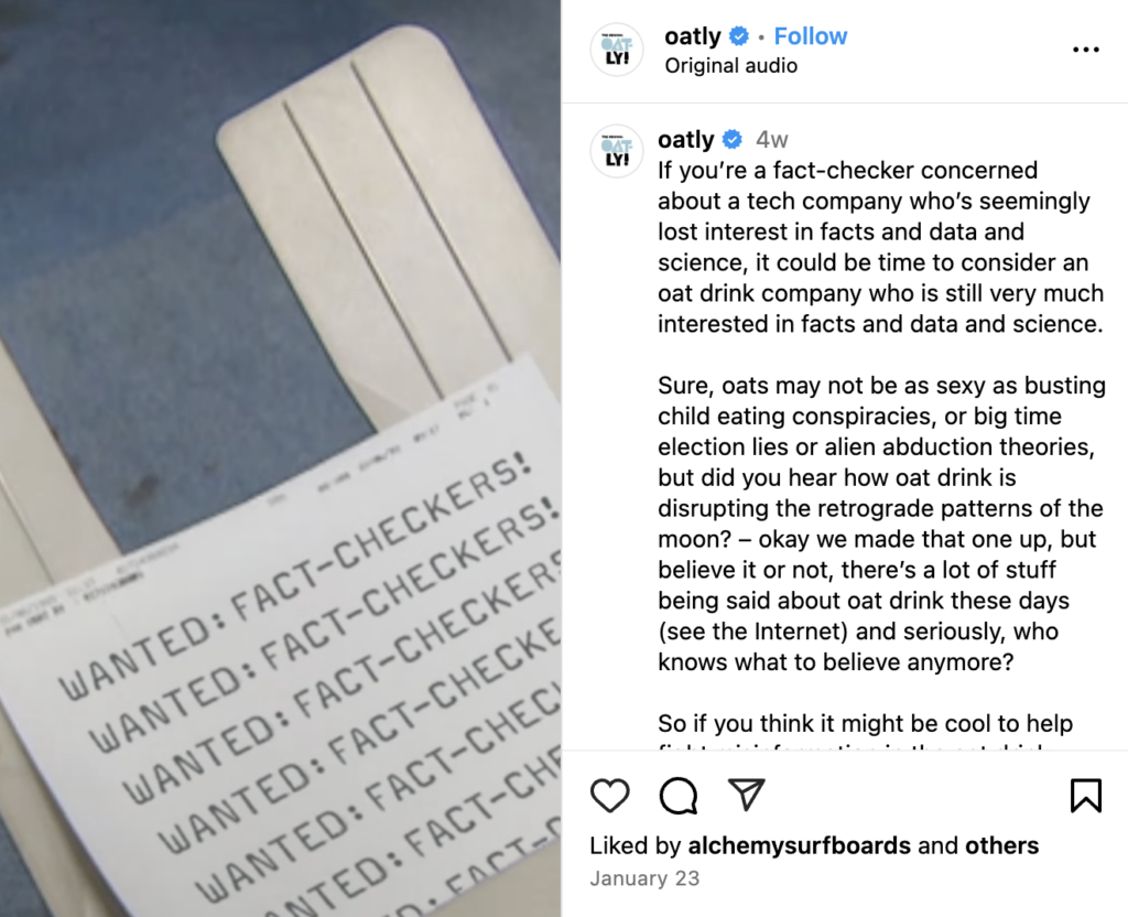 Oatley's Instagram post on fact checking