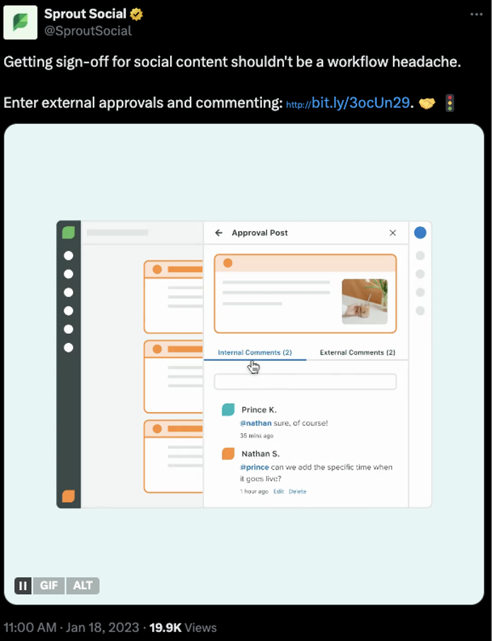 Sprout's X post on its automated workflow approvals capability