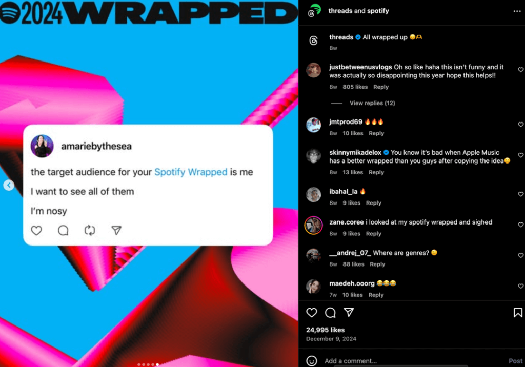 Spotify's Instagram post on Spotify Wrapped where customers have posted several positive comments