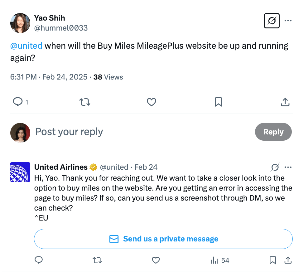 A X post by a customer who reached out to United Airlines enquiring when their website would be functional again. The airline responded immediately with a solution and follow-up question.