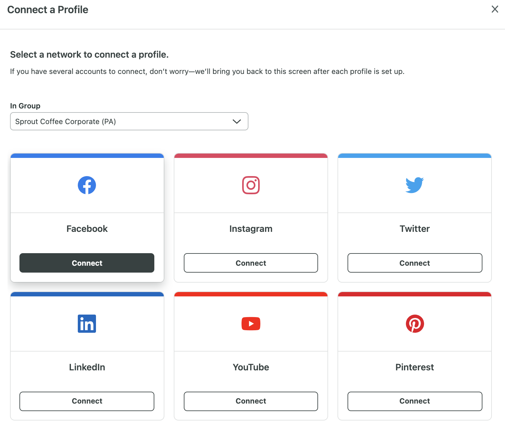 Sprout’s options for connecting a social profile