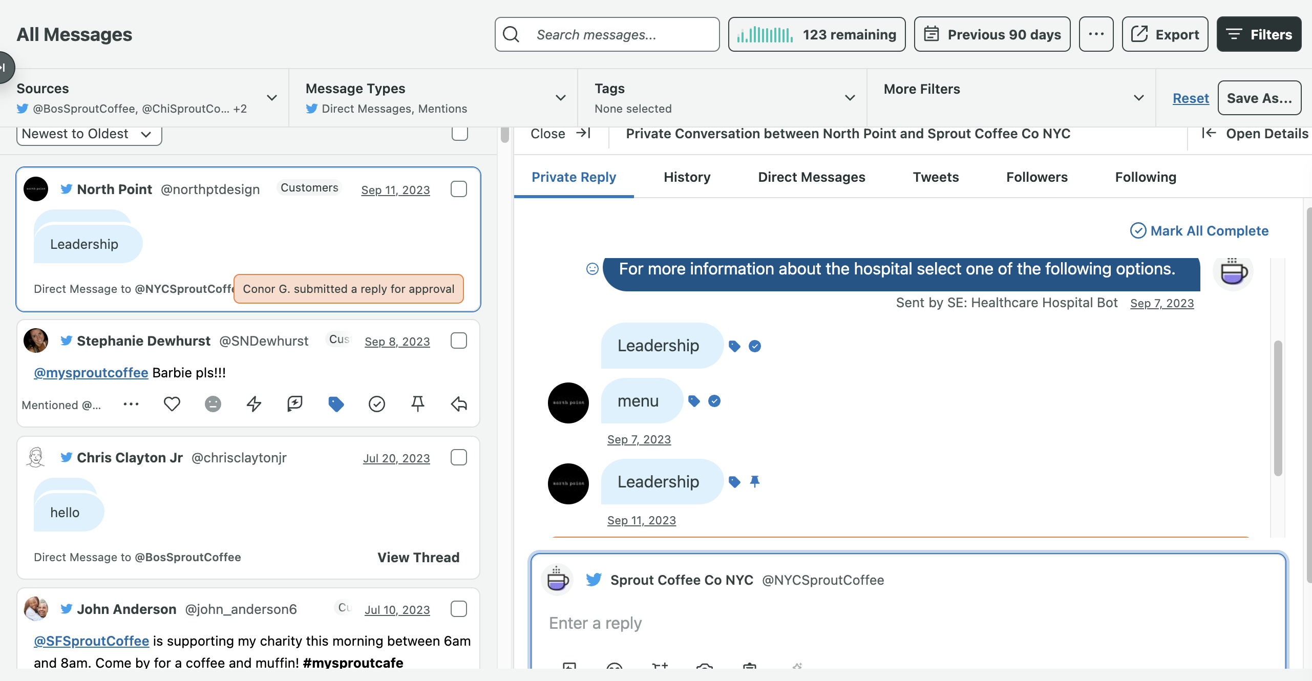 Sprout’s Conversation View lets you see all your private messages with an account