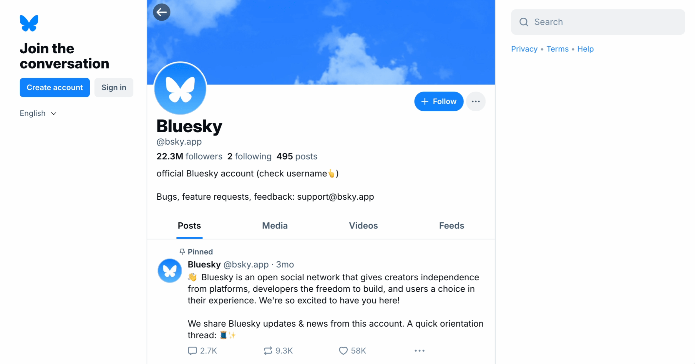 The official profile account for Bluesky on their own platform.