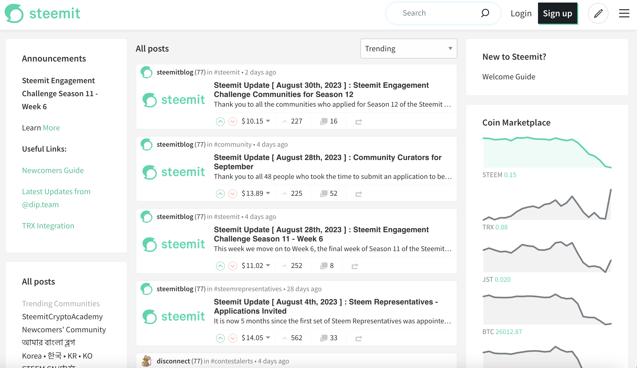 The landing page for Steemit, a decentralized social network. In the screenshot of the page, you can see multiple posts from steemitblog. 