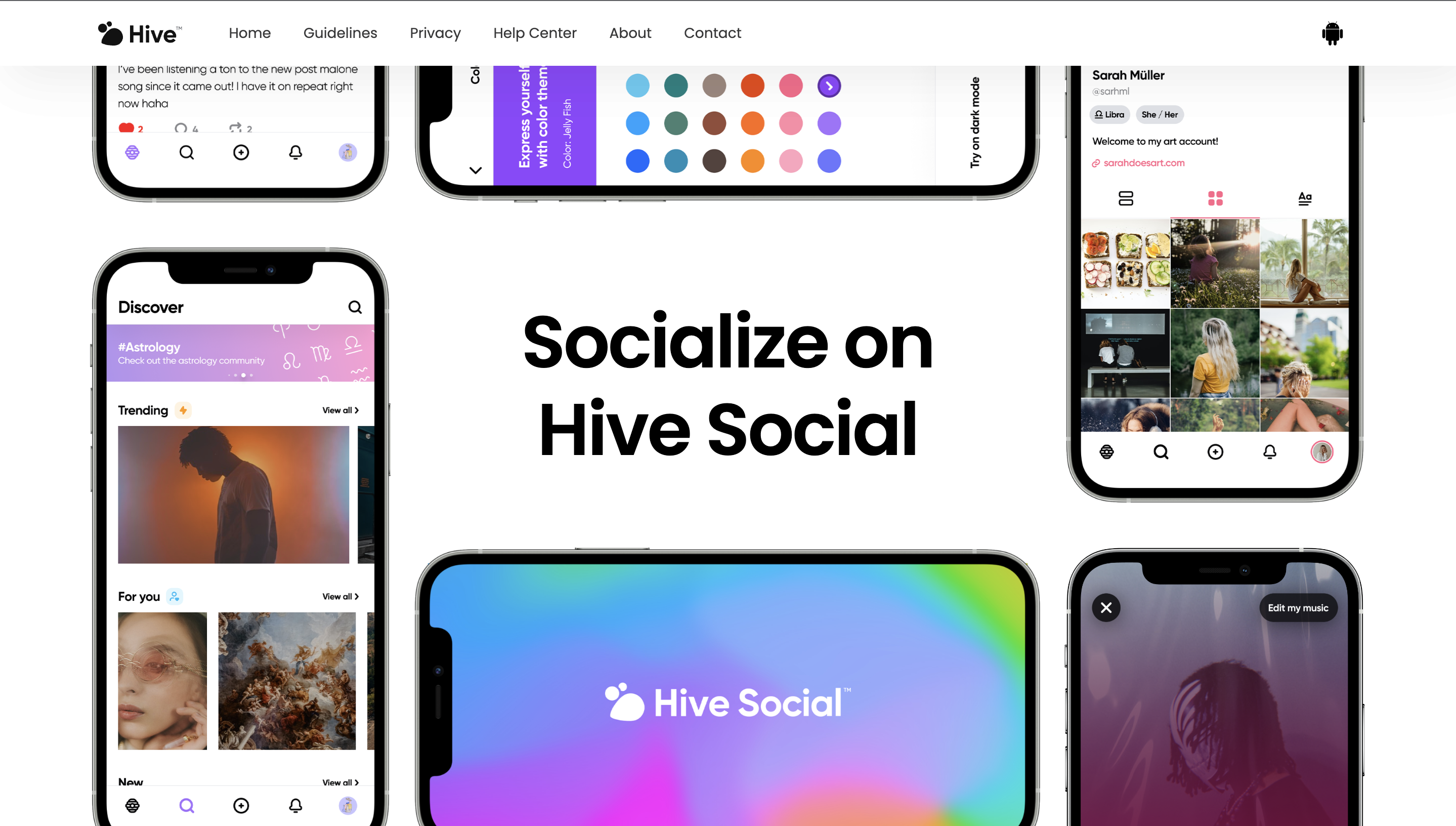Hive's website landing page. The headline reads: Socialize on Hive Social. 