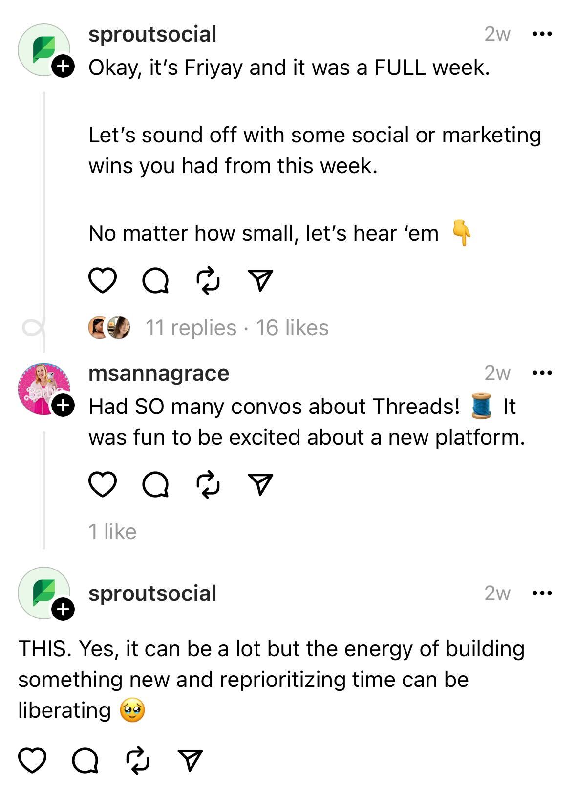 A Sprout Social post on Threads asking followers to share their social and marketing wins of the week. 