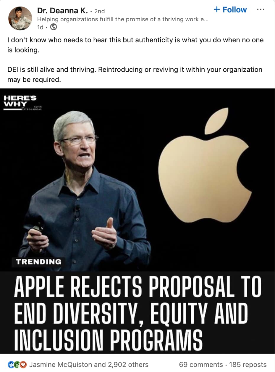 LinkedIn post about Apple's rejection of a proposal to end diversity, equity and inclusion programs.