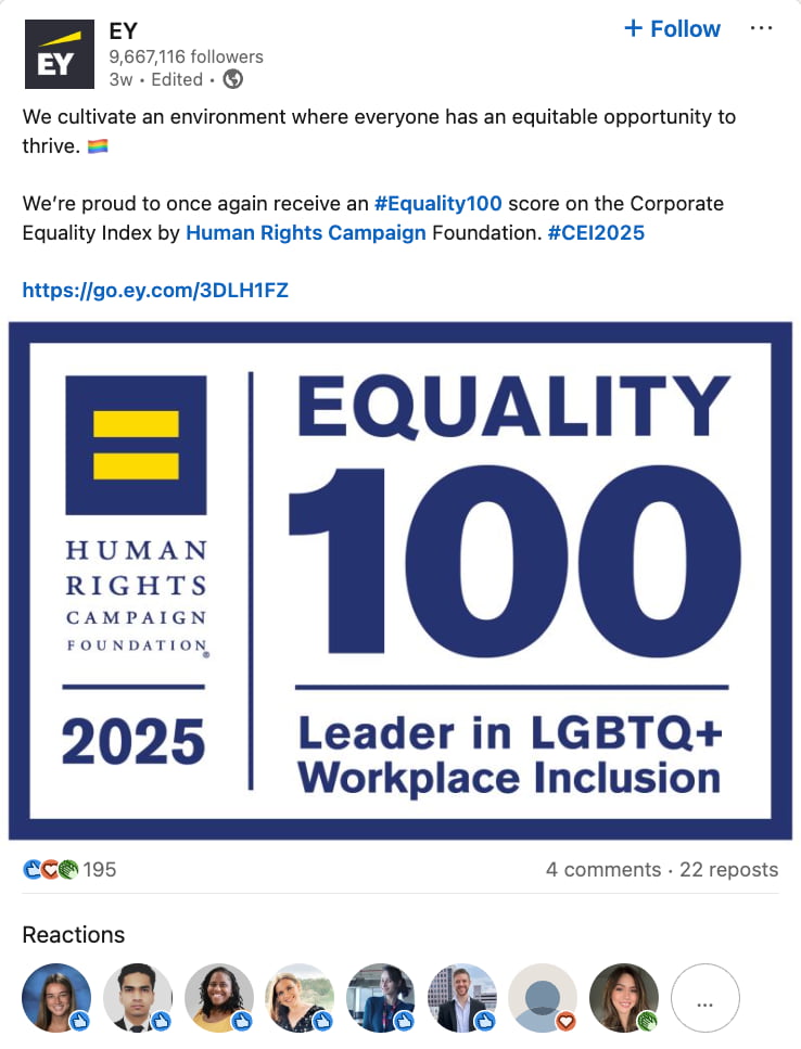 LinkedIn post from EY sharing annoucing they recieved an Equality 100 score on the Corporate Equality Index by the Human Rights Campaign Foundation.