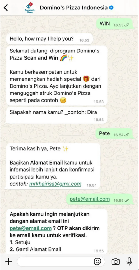 Domino's Pizza Indonesia's Watsapp account where customers can directly connect with the business.
