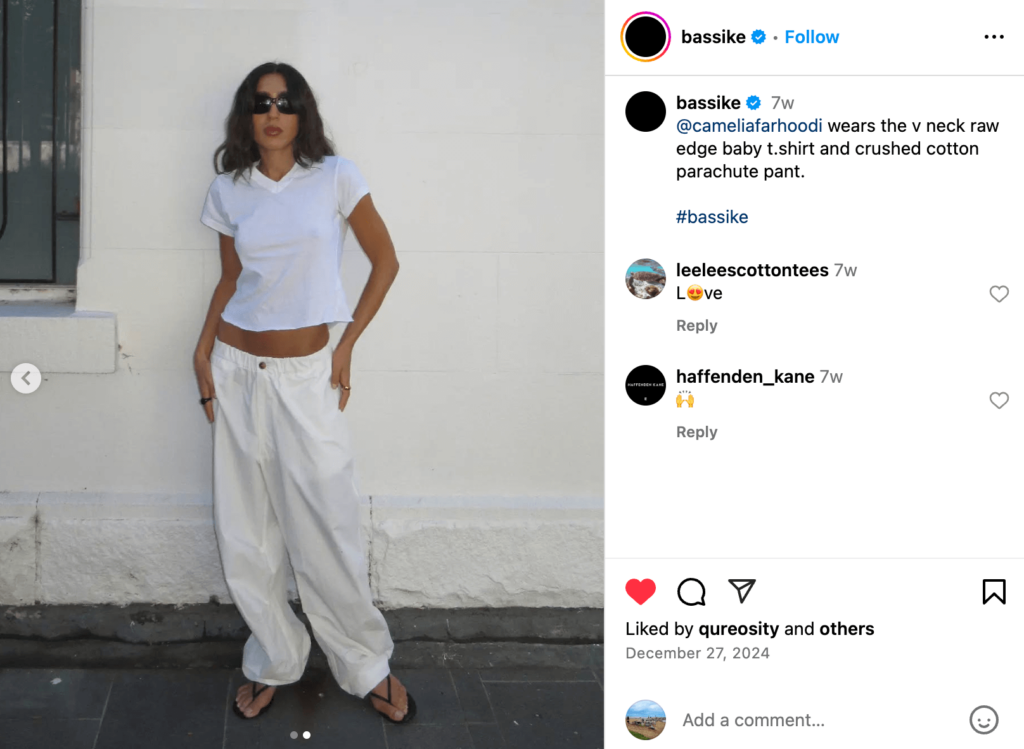 Australian clothing brand, Bassike regularly posts on Instagram. Customers can click on whatever the model is wearing, learn more about the items and purchase it for themselves in seconds.