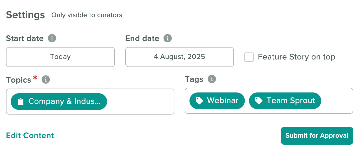 Settings for a new story in Employee Advocacy. There are options for start and end date, along with a section to add Topics and Tags.