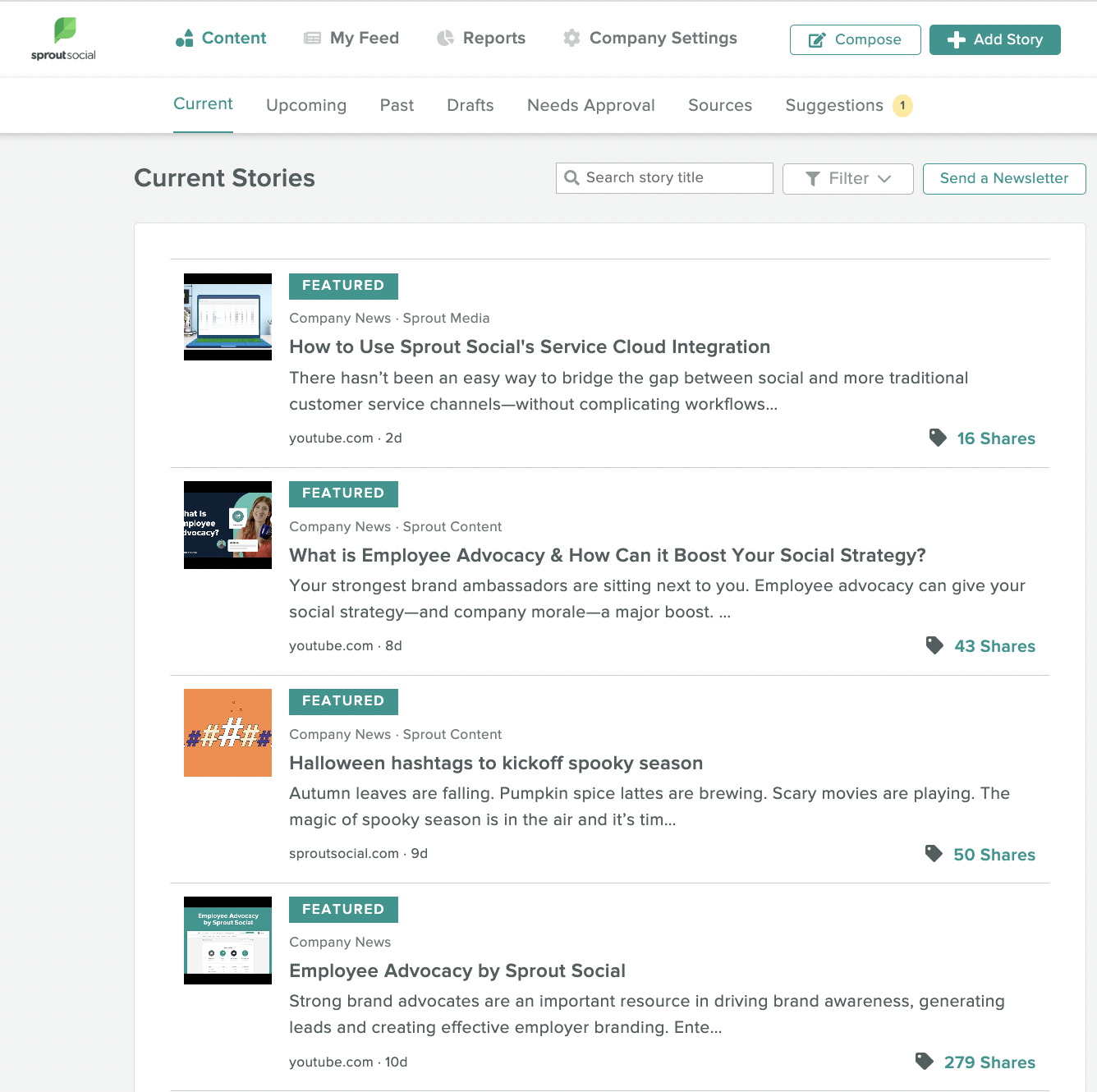 A screenshot of Sprout's Current Stories feed in our Advocacy platform. The feed includes short descriptions of each article and the number of shares each content piece received.