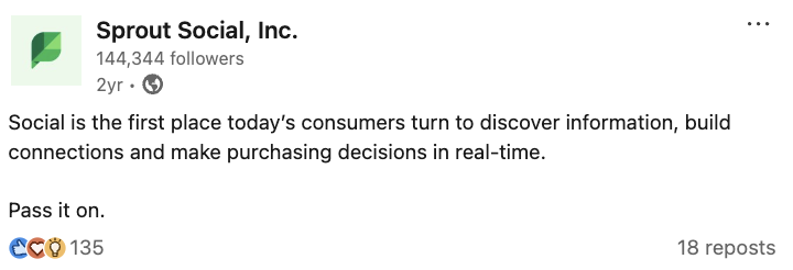 A screenshot of a Sprout Social LinkedIn post that reads,