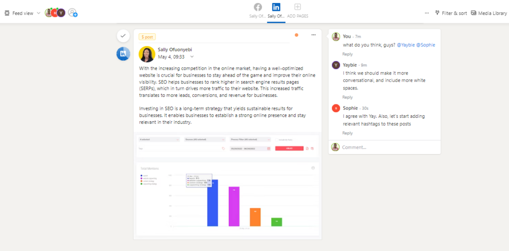 A Planable social inbox, where team members are collaboratively determining responses to a LinkedIn post.