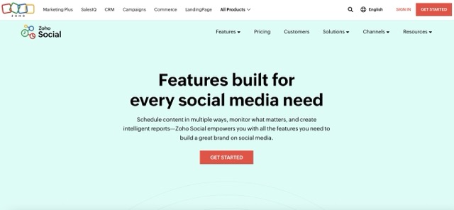 Zoho Social homepage featuring text that says 'features built for every social need'.