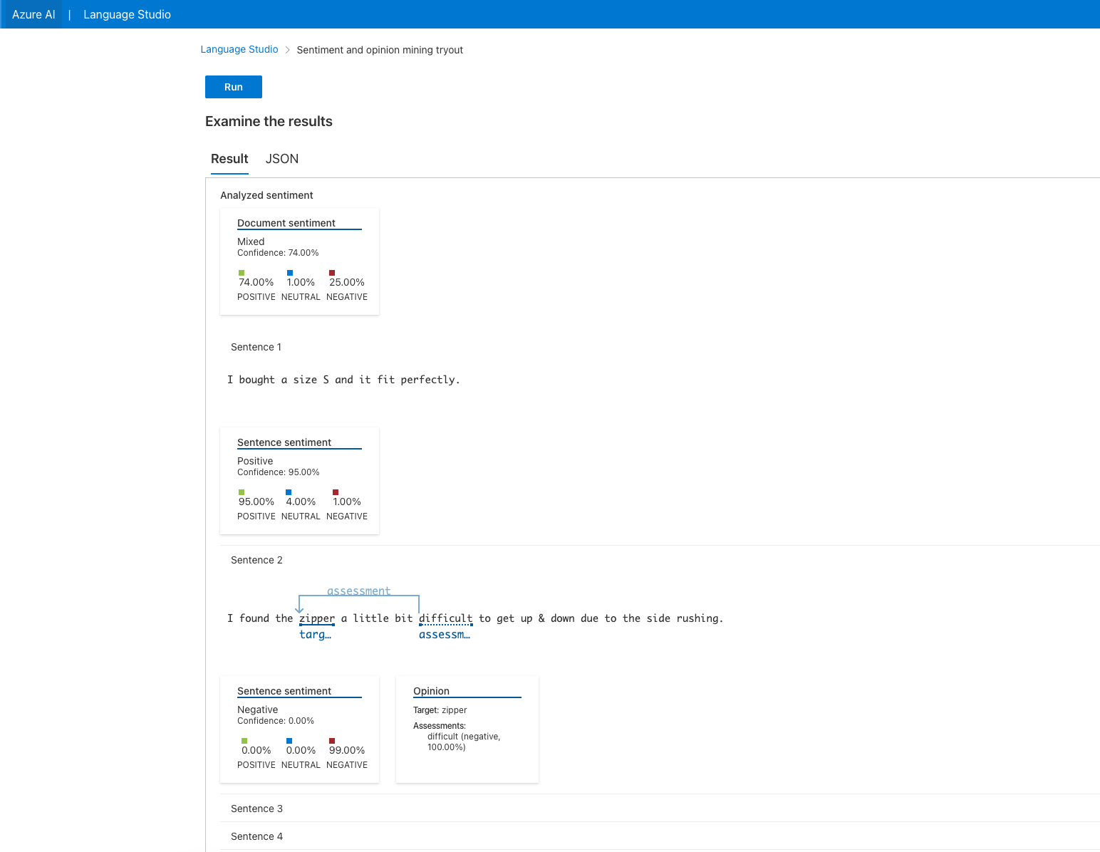 Screenshot of Microsoft Azure's sentiment analysis tool.