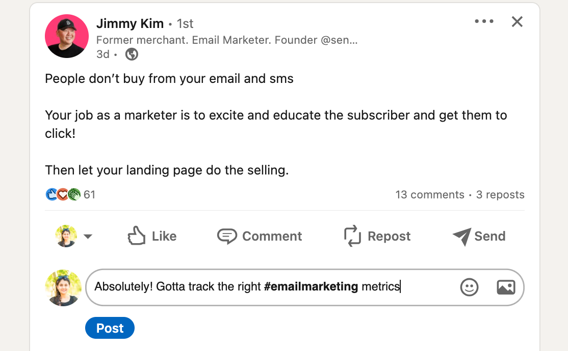 Introduce hashtags in your LinkedIn comments