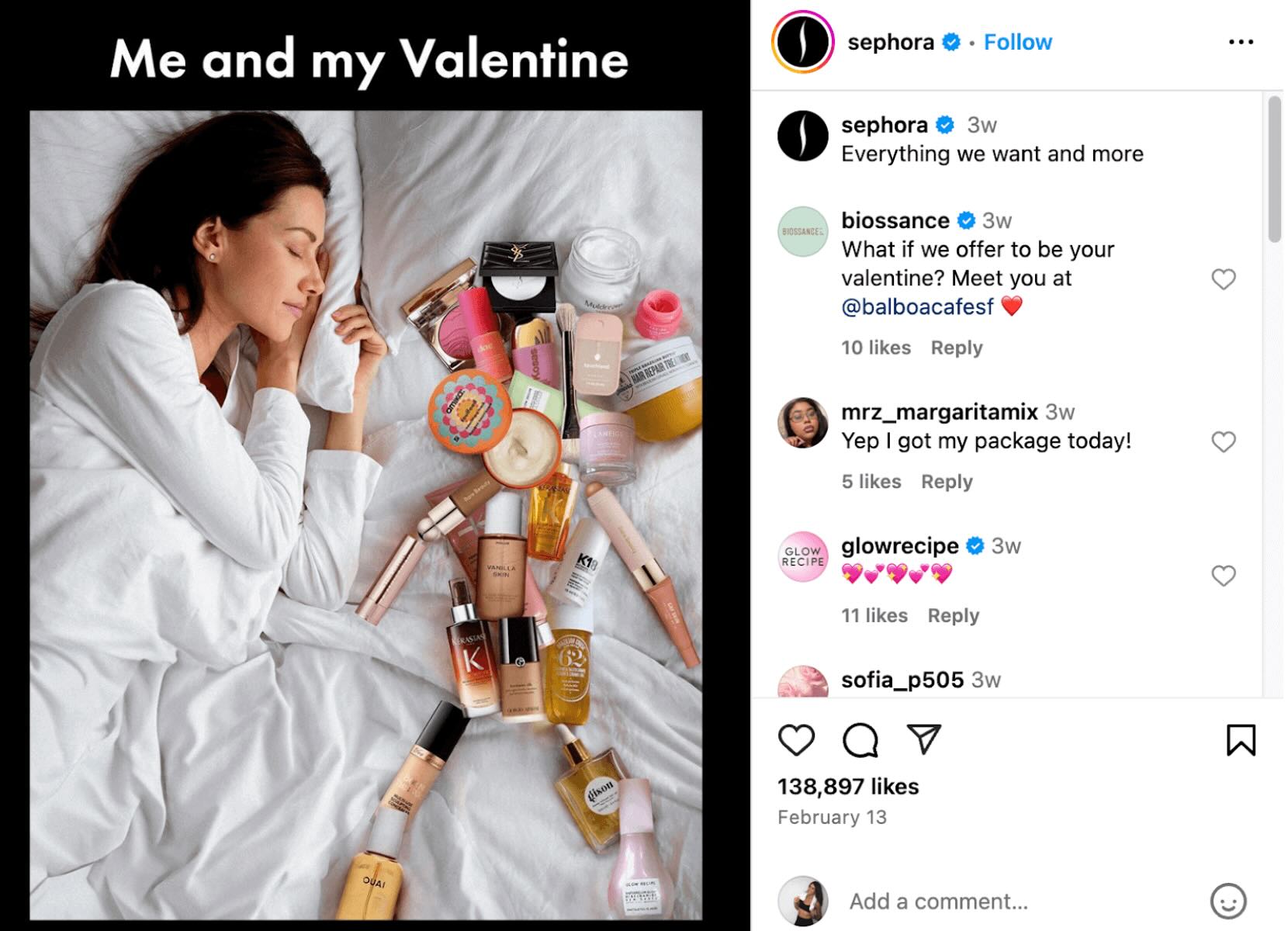 Sephora post of a woman sleeping beside beauty products, captioned 