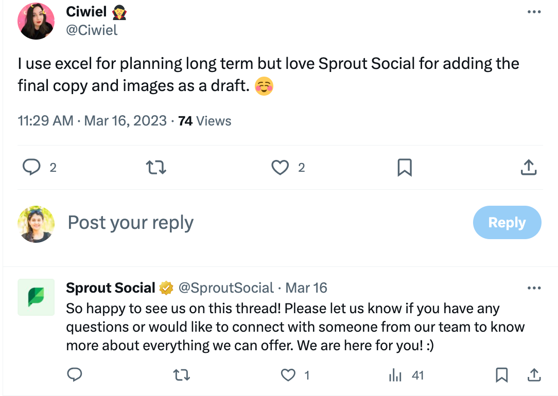 Sprout Social responding to a tweet that mentions its brand with a positive sentiment