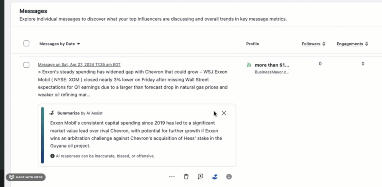 Sprout Social's message analysis interface showing an AI-generated summary of a news article about Exxon Mobil's capital spending and market value lead over Chevron.
