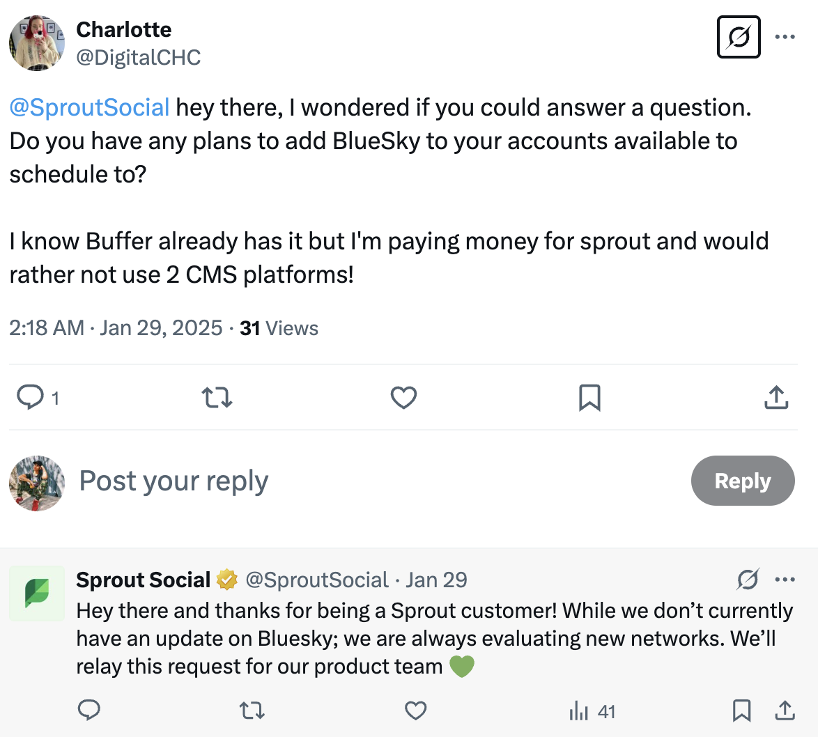 An X user asks Sprout Social if they plan to add Bluesky scheduling. Sprout Social responds that they don’t have an update but will relay the request.