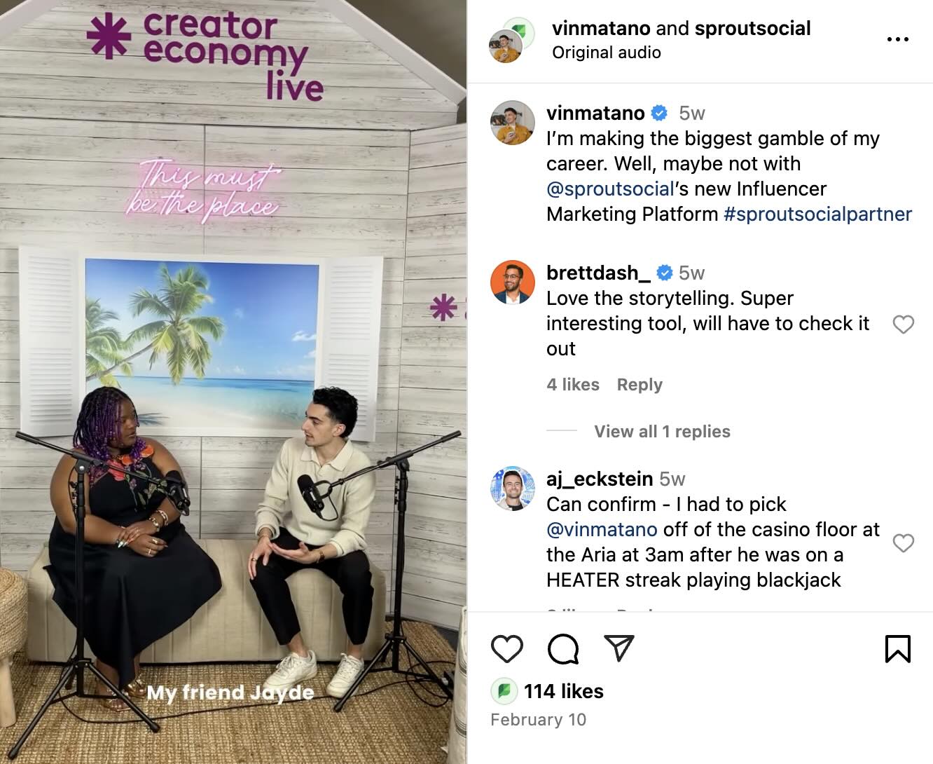 Vin Matano and Jayde speaking at Creator Economy Live, discussing Sprout Social’s Influencer Marketing Platform.