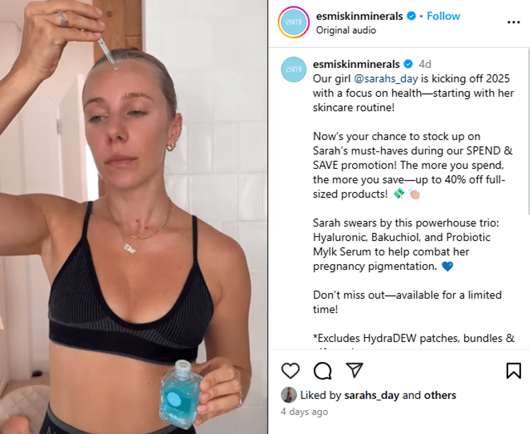 Esmi Skin Minerals Instagram post of a young female influencer applying serum.