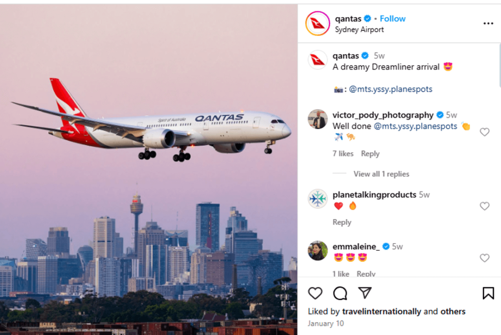Qantas Instagram post showcasing a Qantas plane above the Sydney skyline.