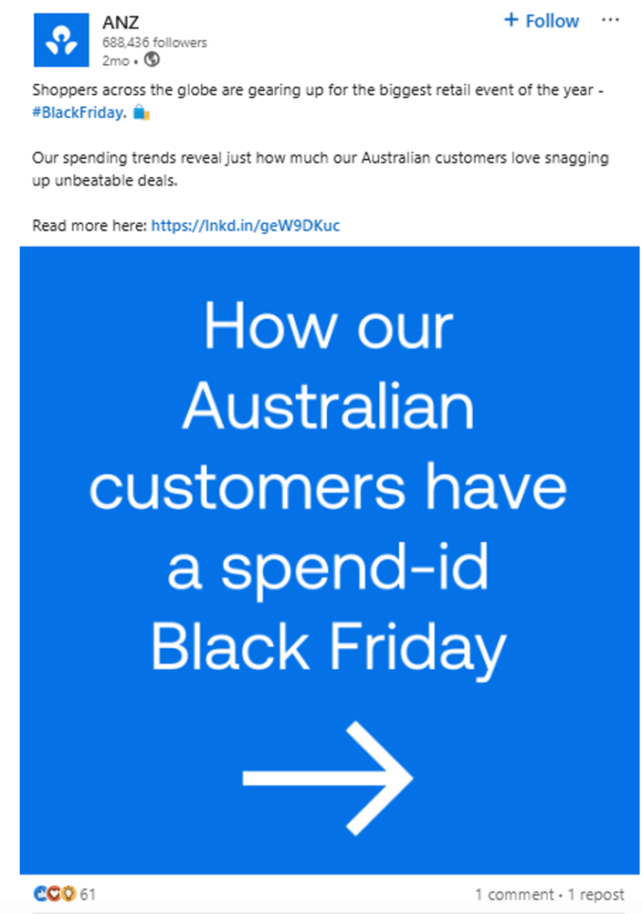 ANZ LinkedIn post with text reading How our Australian customers have a spend-id Black Friday.