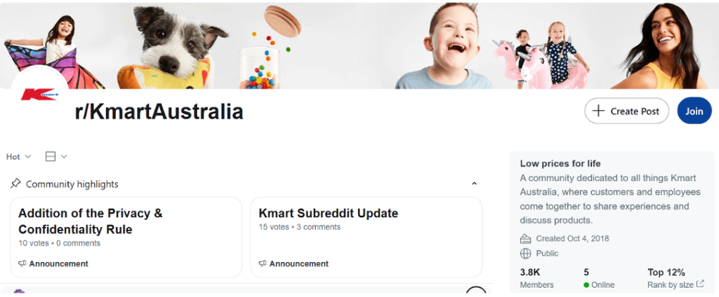 Kmart Australia’s Reddit page features smiling children and a dog, with the title ‘r/KmartAustralia’.