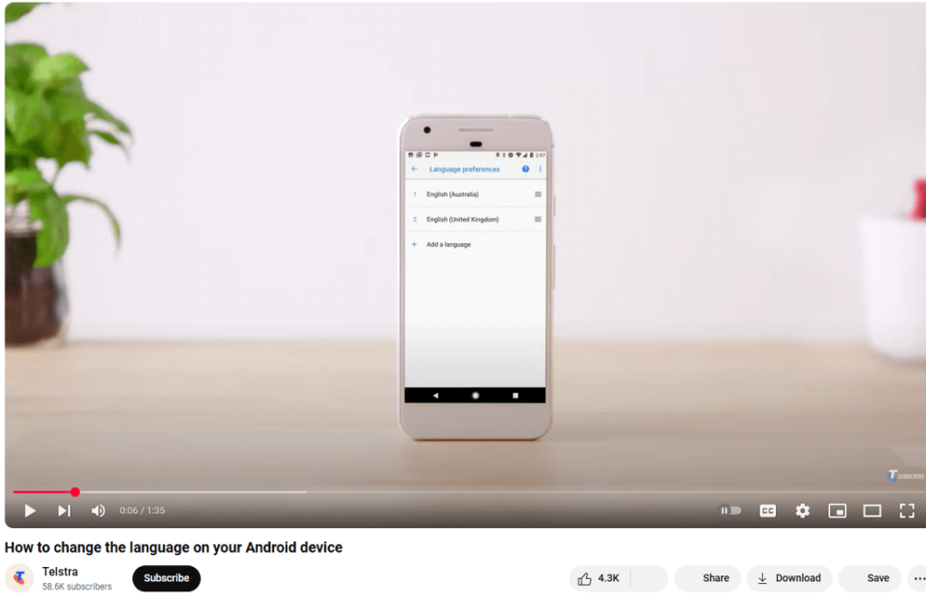 Telstra YouTube post of a video titled “How to change the language on your Android device.