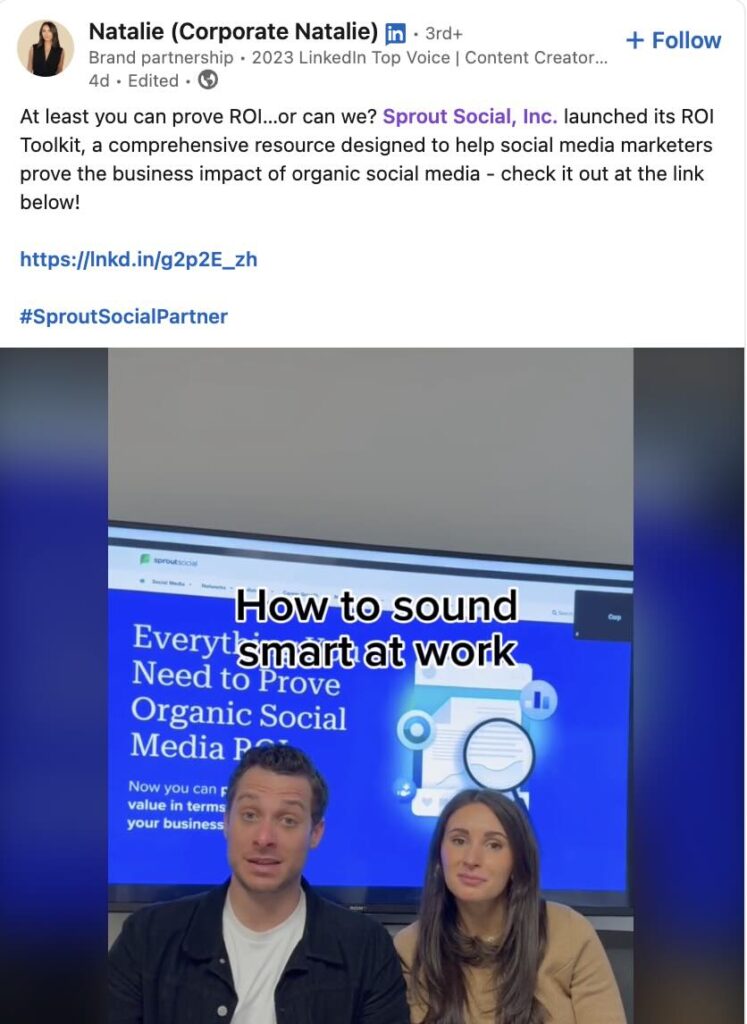 A LinkedIn post from Corporate Natalie about Sprout Social's new ROI toolkit