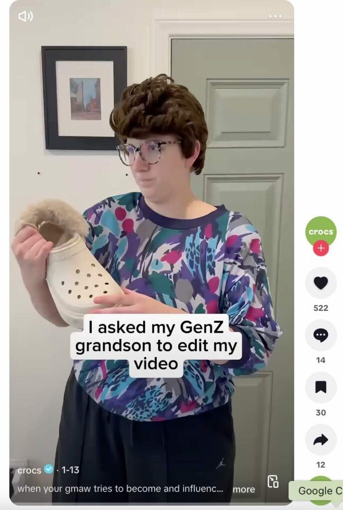 A TikTok from Crocs and creator Kendahl Landreth, well-known for her gmaw character