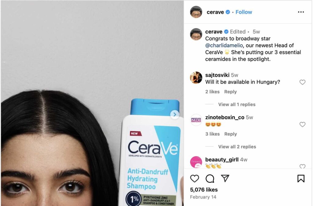 CeraVe's Instagram Carousel featuring their new Head of CeraVe, influencer Charli D'Amelio