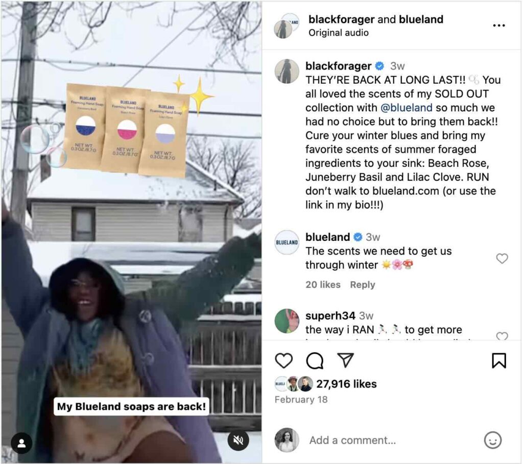 An Instagram Reel from the Black Forager announcing the new drop of Blueland hand soaps