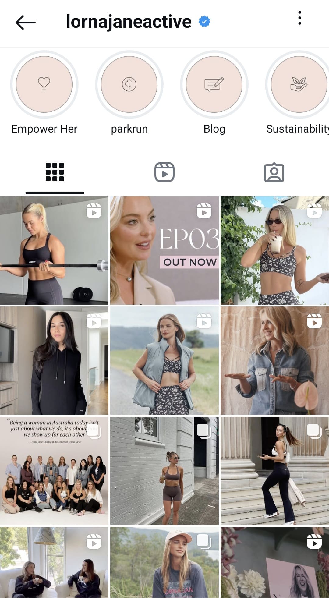 Screenshot of Lorna Jane Active Instagram grid.