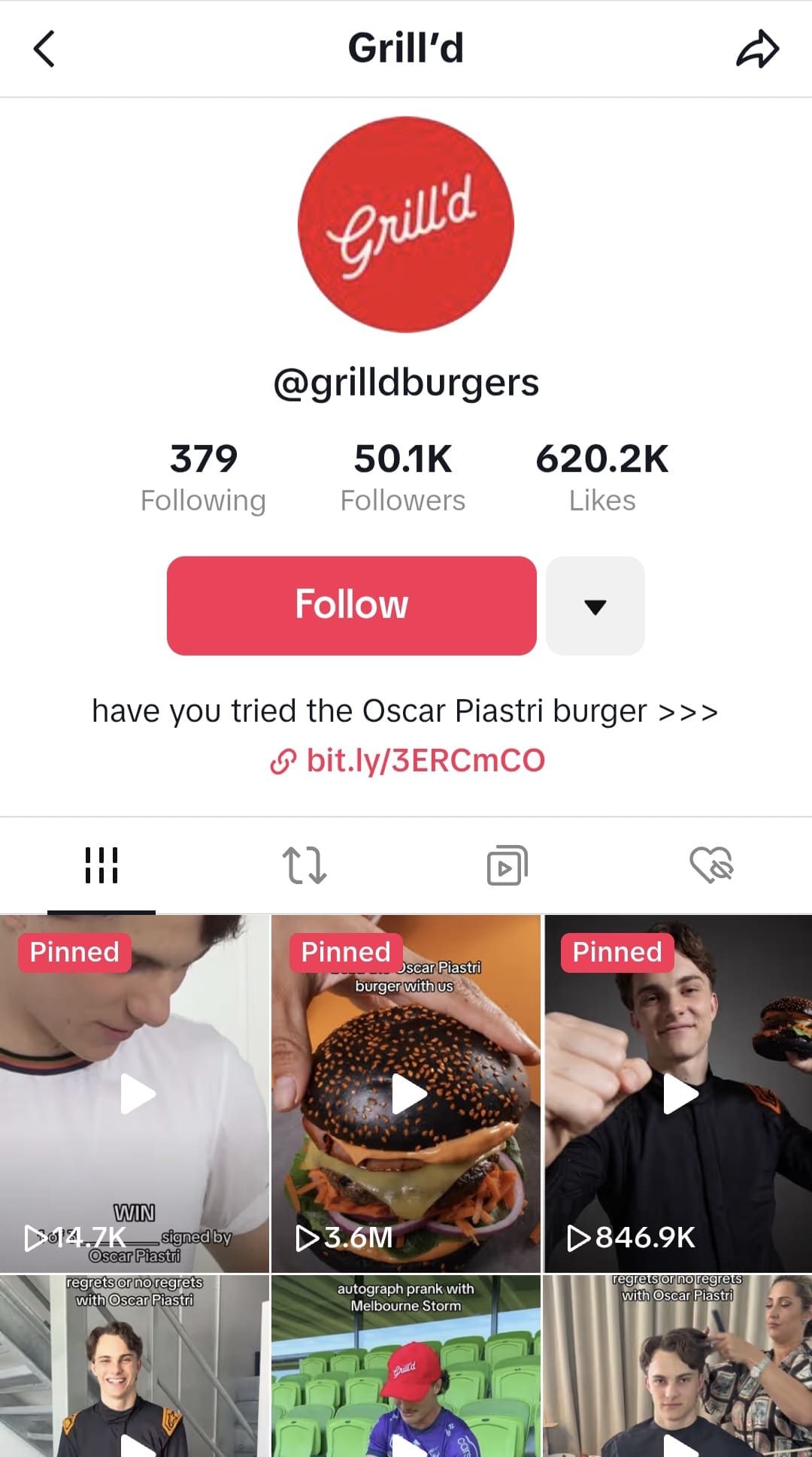 Screenshot of Grill'd TikTok account.