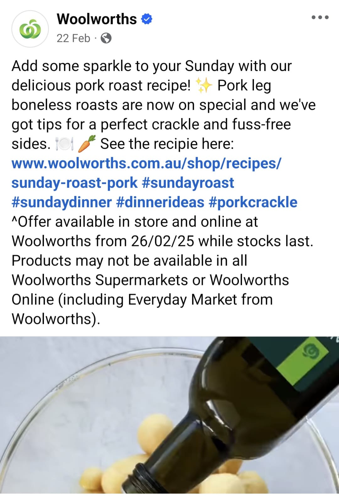 Woolworths AU Facebook post featuring a roast pork recipe.
